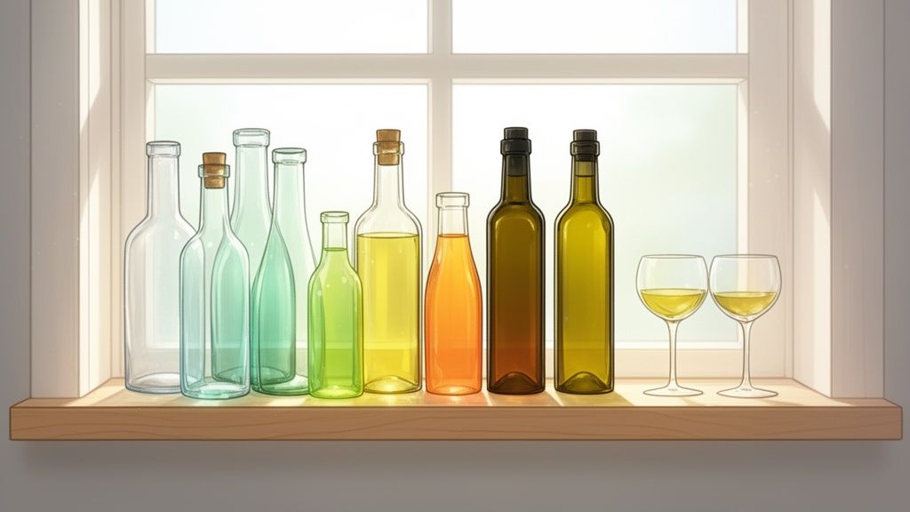 Assortment of glass bottles, some filled with colorful liquids, and two wine glasses on a sunlit window shelf.