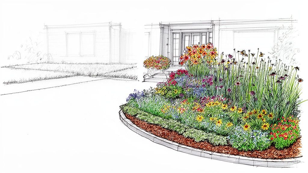 An illustrative sketch of a vibrant front yard garden with a variety of colorful flowers and plants leading to a house.