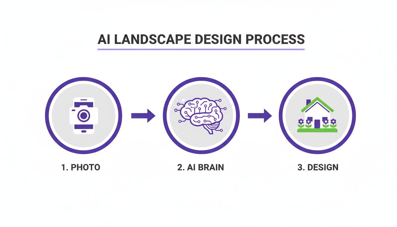 Infographic showing the AI landscape design process: photo input, AI brain processing, and final design output.
