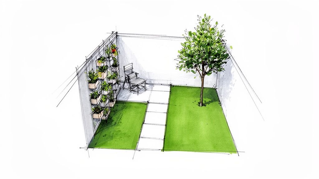 A watercolor sketch illustrates a small landscape garden with a vertical plant wall, a tree, and a chair.