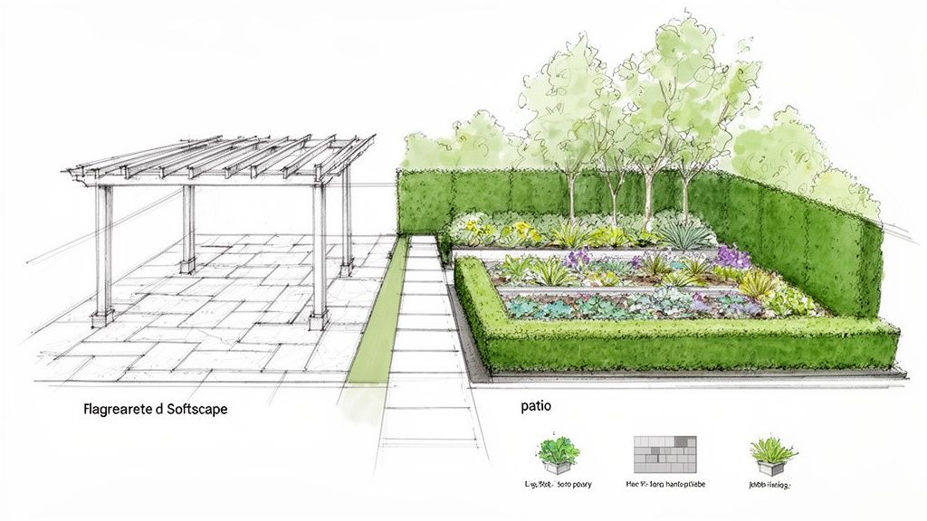 A modern backyard landscape design features a pergola, paved patio, and tiered raised garden beds with diverse plants.