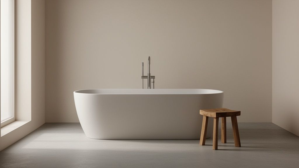 Modern minimalist bathroom with a white freestanding tub, chrome faucet, and wooden stool.