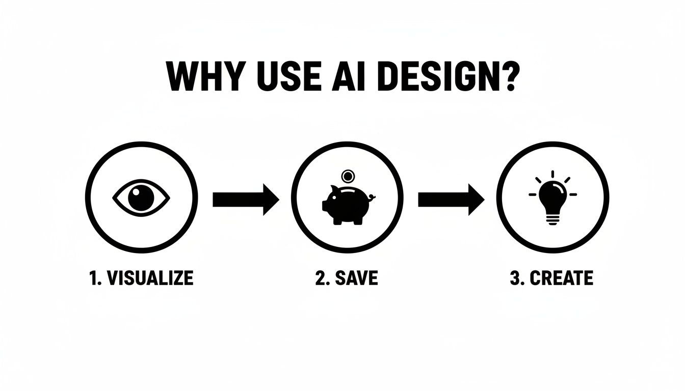 Flowchart explaining AI design benefits: visualize concepts, save costs, and create innovative ideas efficiently.