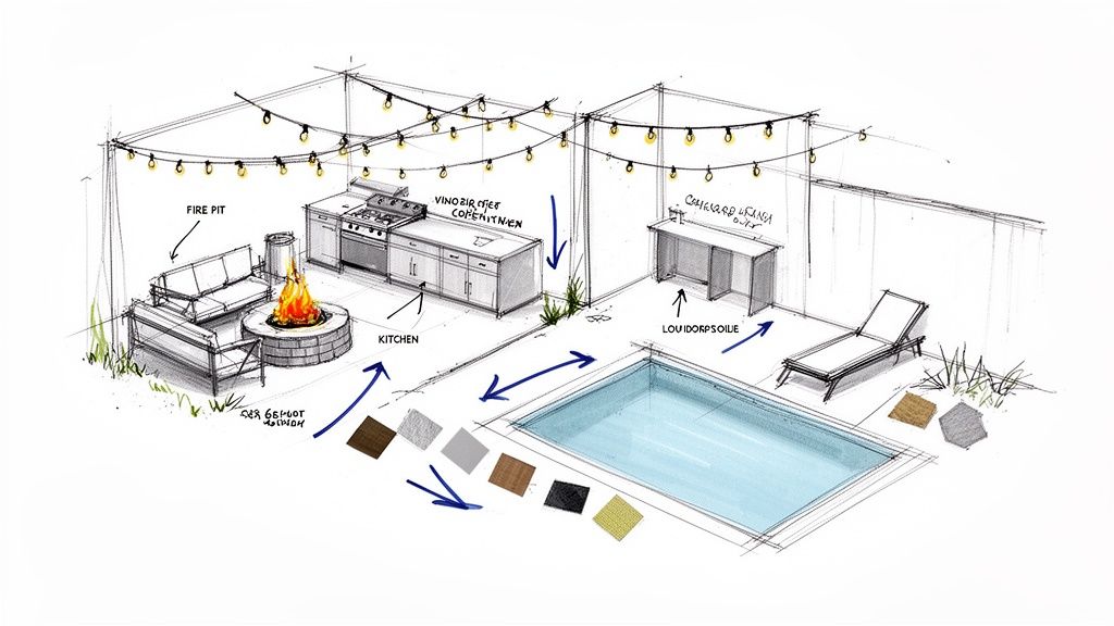 Sketch illustrating backyard landscape design with fire pit, kitchen, pool, and material swatches.