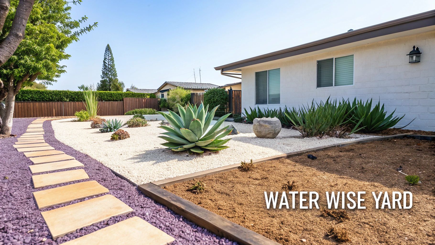 A water-wise front yard with a curving stone path, purple gravel, and drought-tolerant plants.