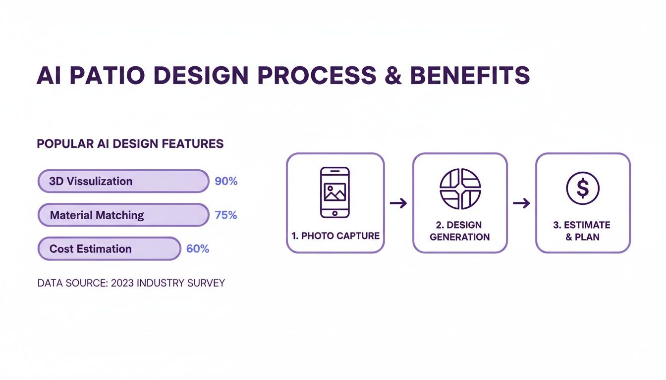 Infographic detailing AI patio design process, benefits, and popular features like 3D visualization and cost estimation.
