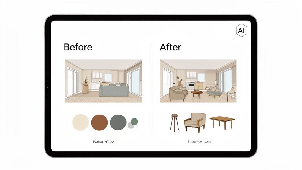 A tablet displays 'Before' and 'After' interior design concepts for a living room, showing furniture and color changes.