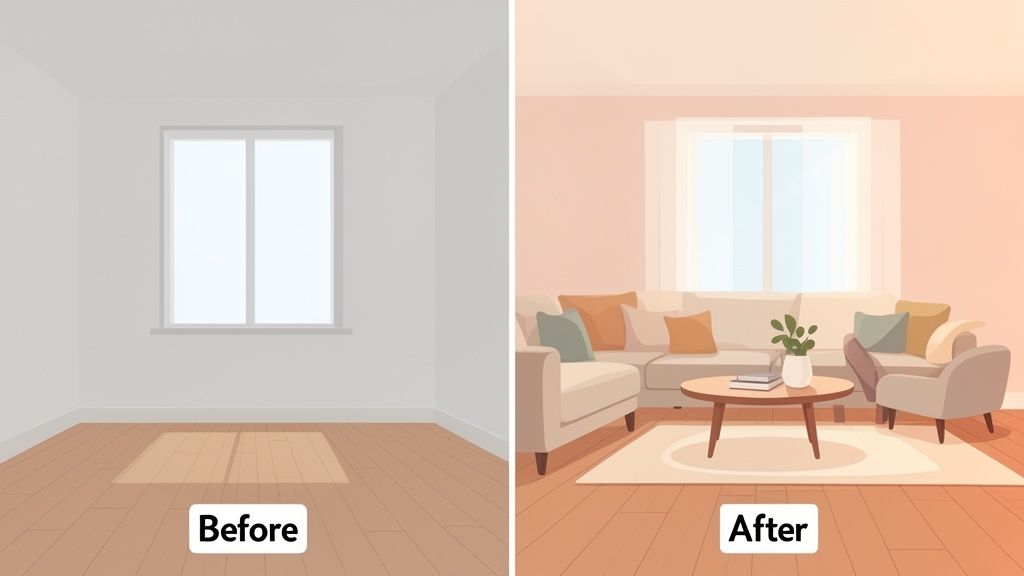 Before and after comparison: an empty room transformed into a cozy, furnished living space.