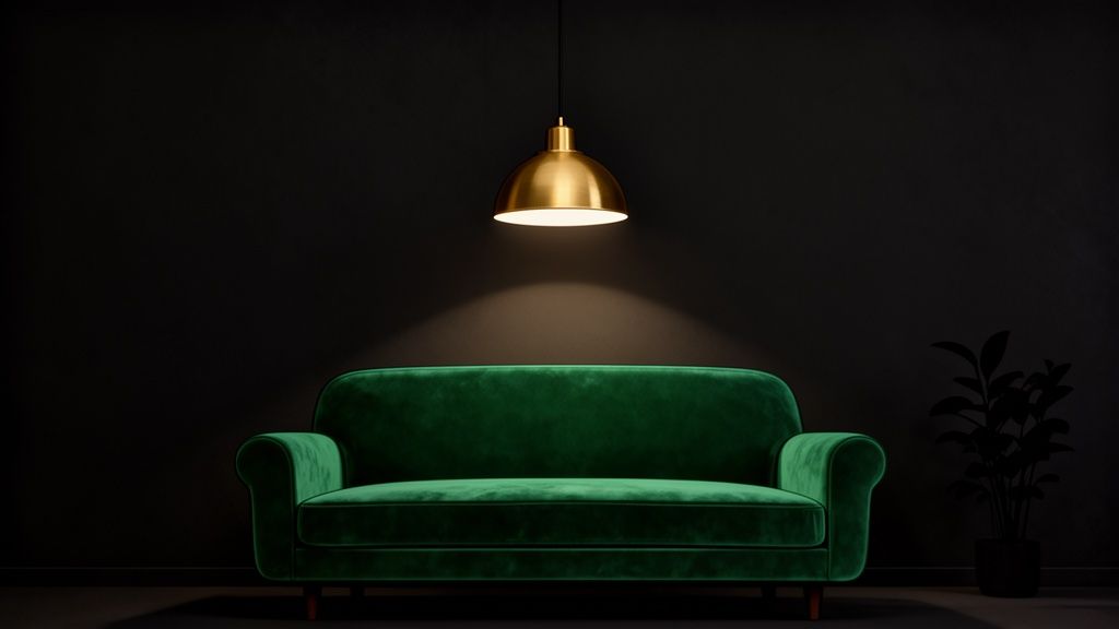 A luxurious green velvet sofa illuminated by a golden pendant light against a dark, minimalist wall.
