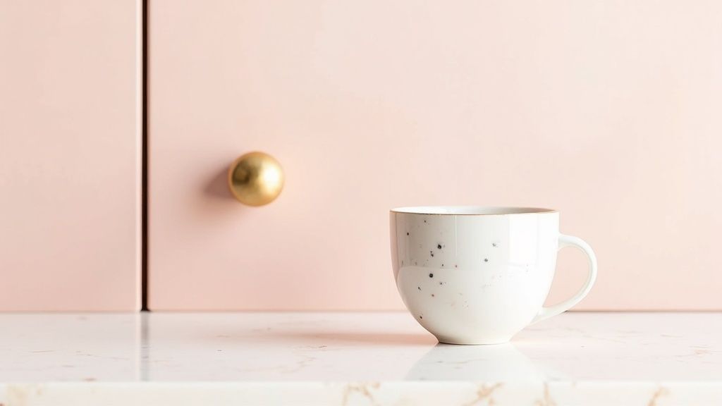 A white speckled ceramic mug sits on a white marble countertop against a soft pink cabinet with a gold knob.