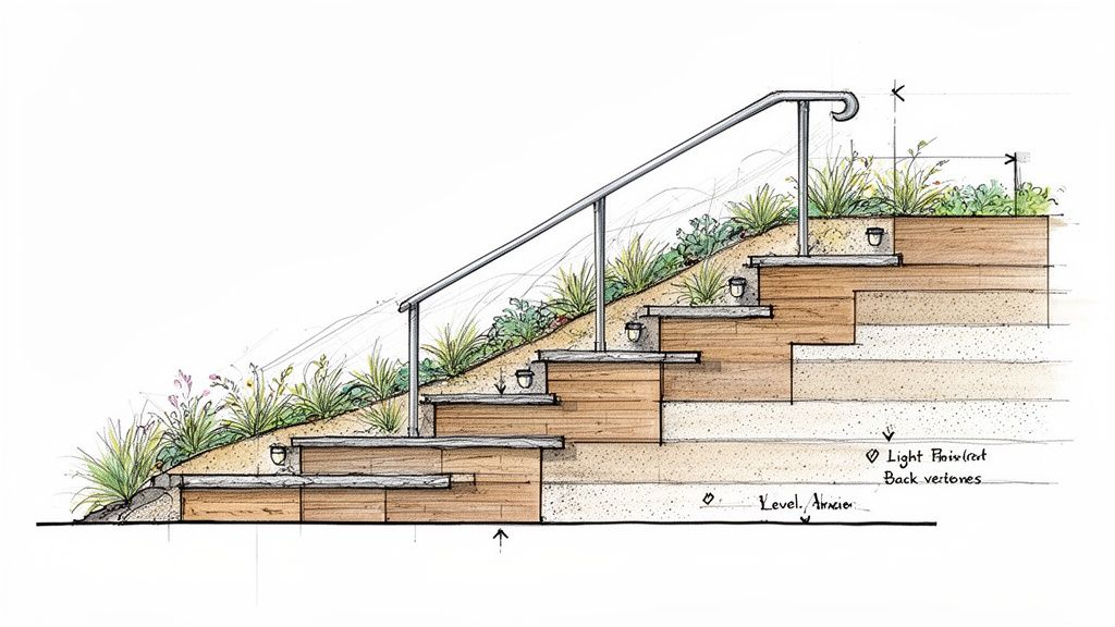 Architectural sketch illustrating outdoor wooden steps built into a hillside, featuring a handrail and integrated lighting.
