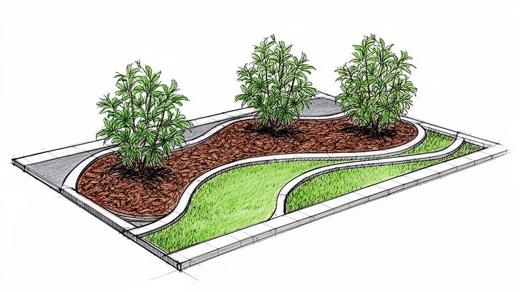An artistic rendering of a modern garden design with three green bushes, brown mulch, and green grass.