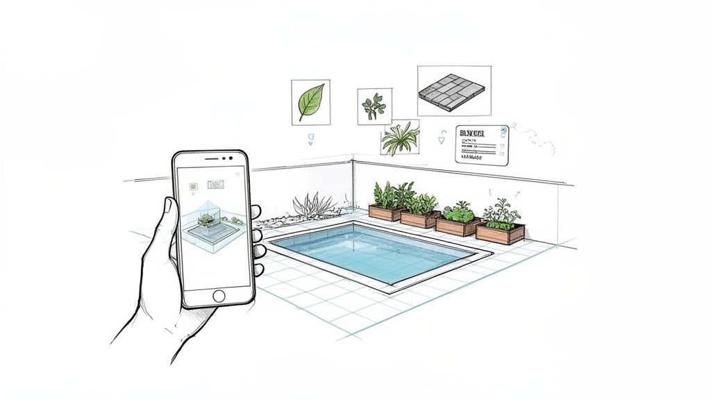A hand holds a smartphone showing an augmented reality app for landscape design around a swimming pool.