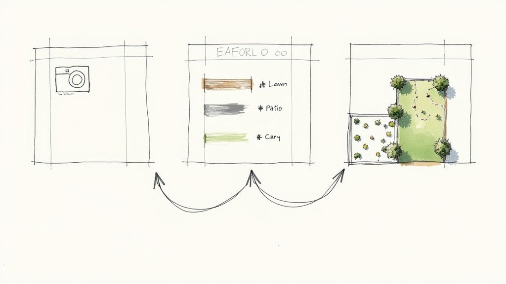 A three-step sketch showing an AI landscape design process from input to final plan with material legend.
