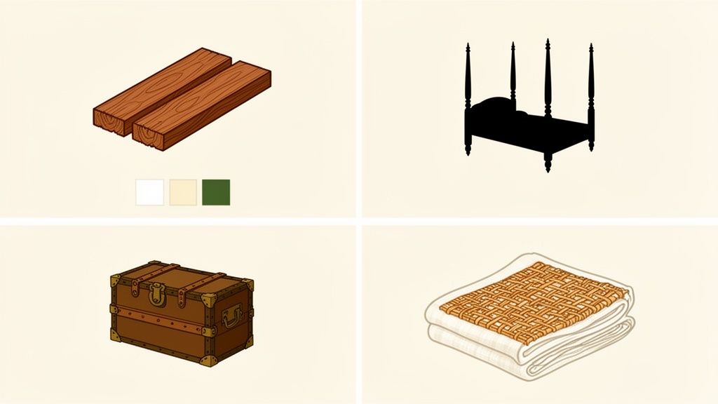 Various British colonial style assets including wooden planks, a four-poster bed, a vintage trunk, and a woven blanket.