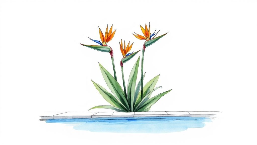 Watercolor illustration of vibrant Bird of Paradise flowers with orange and blue blooms by a swimming pool.