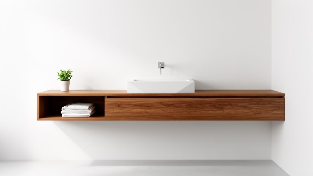 Modern minimalist bathroom with floating wooden vanity, white sink, wall faucet, plant, and towels.