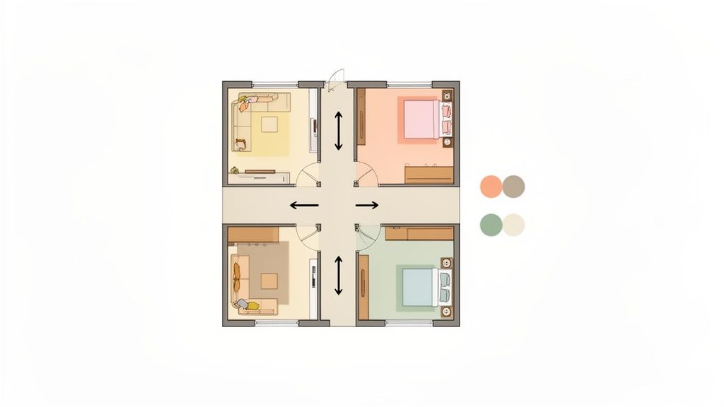 A colorful floor plan with four rooms, including bedrooms and living areas, centered around a hallway.