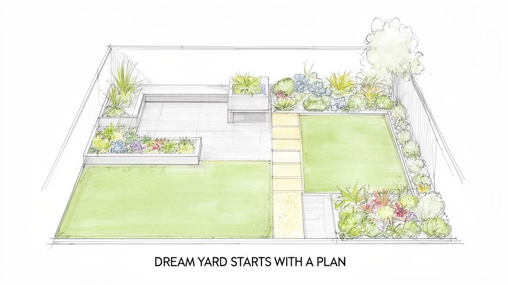 Overhead view of a detailed landscape plan for a contemporary backyard garden design.