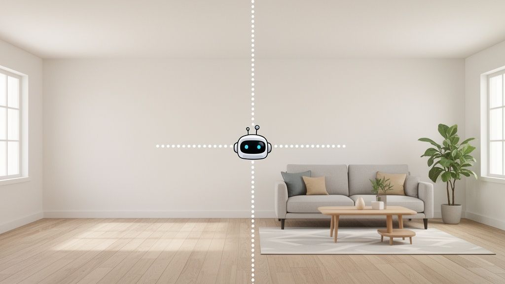 AI virtually stages an empty room into a modern living space with a grey sofa and plant.