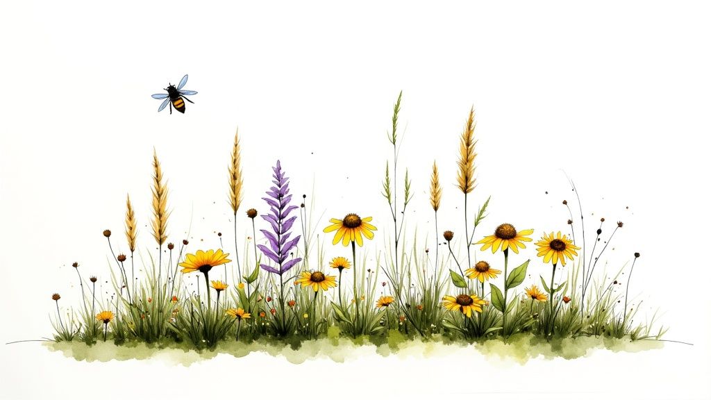 Watercolor illustration of a bee flying over a cheerful meadow with yellow and purple wildflowers and grass.