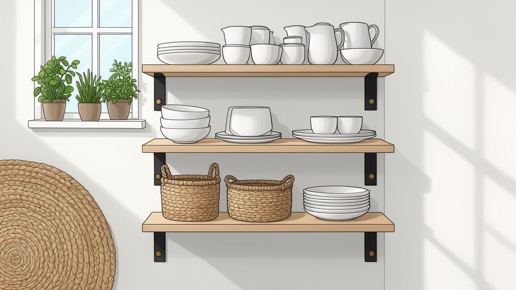 Open wooden shelves in a bright kitchen display white dishes, woven baskets, and potted plants.