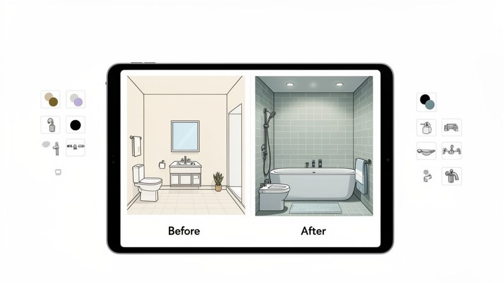 A digital tablet displays a bathroom's before and after transformation, alongside various design elements.