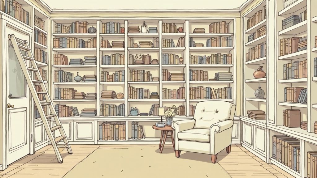 A warm and inviting home library featuring extensive bookshelves, a comfy armchair, a side table, and a rolling ladder.