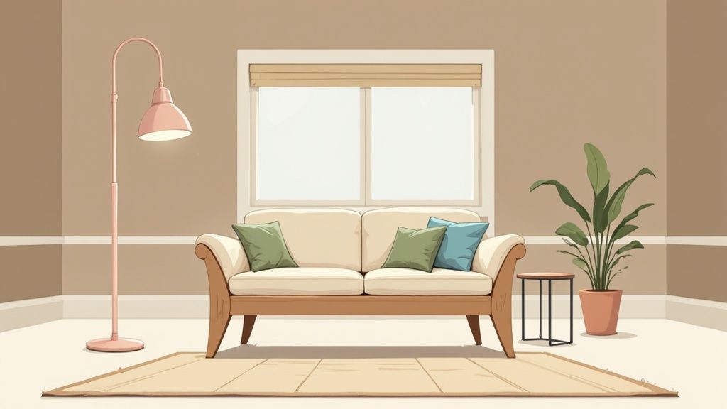 A minimalist living room with a beige sofa, pink floor lamp, green plant, and a large window.