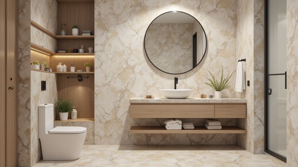 A modern brown marble-tiled bathroom with a white toilet, wooden shelves, a round mirror, and a floating vanity.