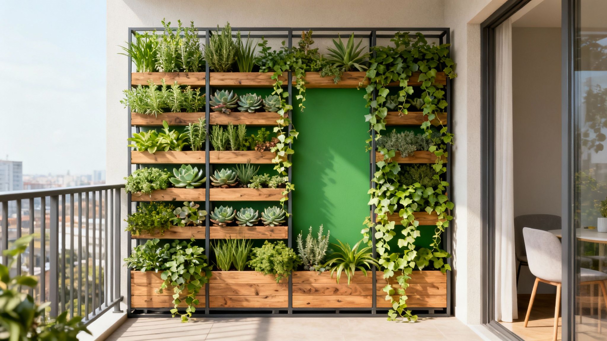 A vibrant vertical garden on a modern balcony, showcasing diverse plants, succulents, and climbing vines.