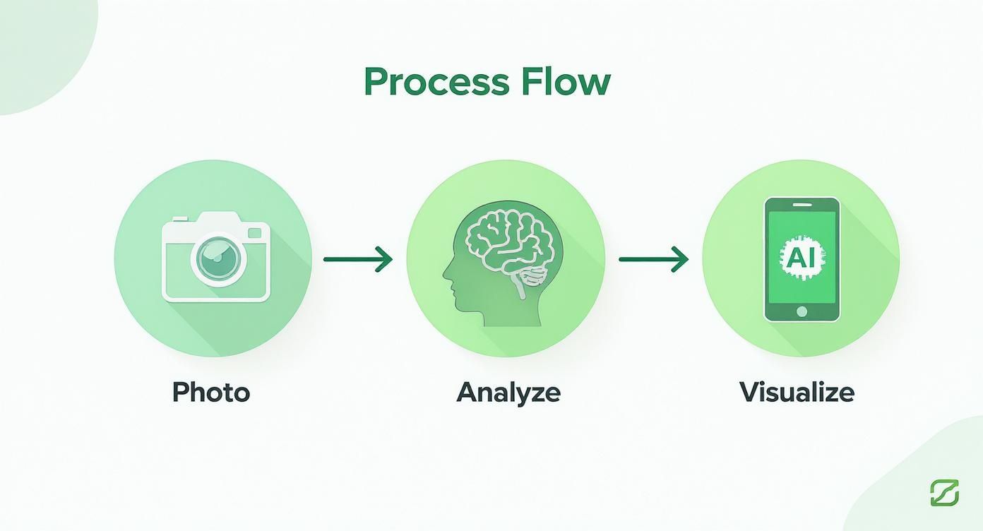 A diagram illustrating a process flow from photo input to AI analysis and mobile visualization.