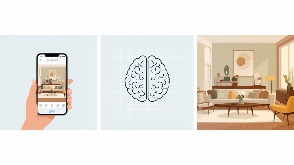 A hand holds a smartphone displaying a modern living room design, beside a brain icon and a completed interior.
