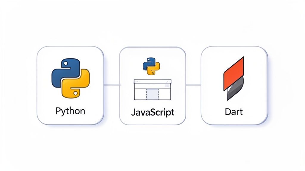 Three connected blocks displaying logos for Python, JavaScript, and Dart programming languages.