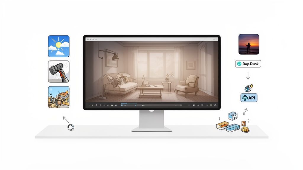 A computer screen displays a living room sketch, flanked by icons representing weather, tools, and an API process.