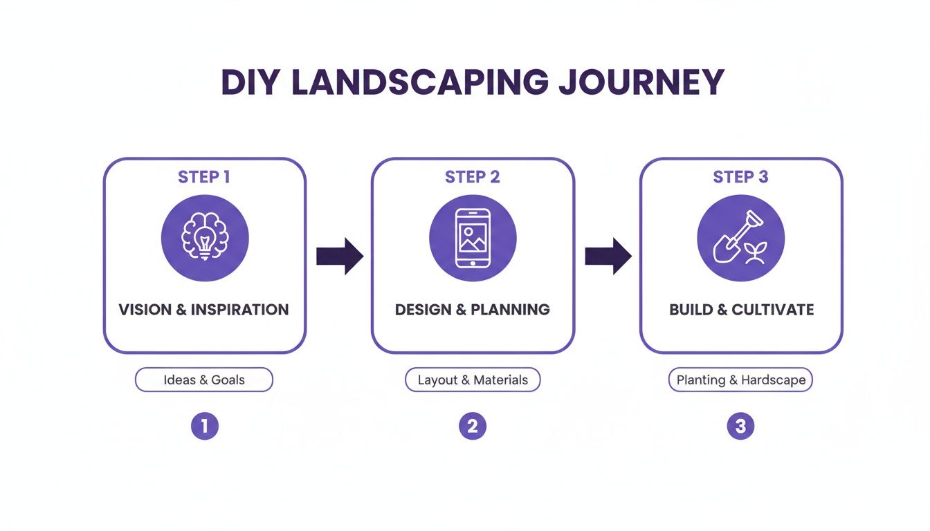 Infographic illustrating a three-step DIY landscaping journey: vision, design, and building process.
