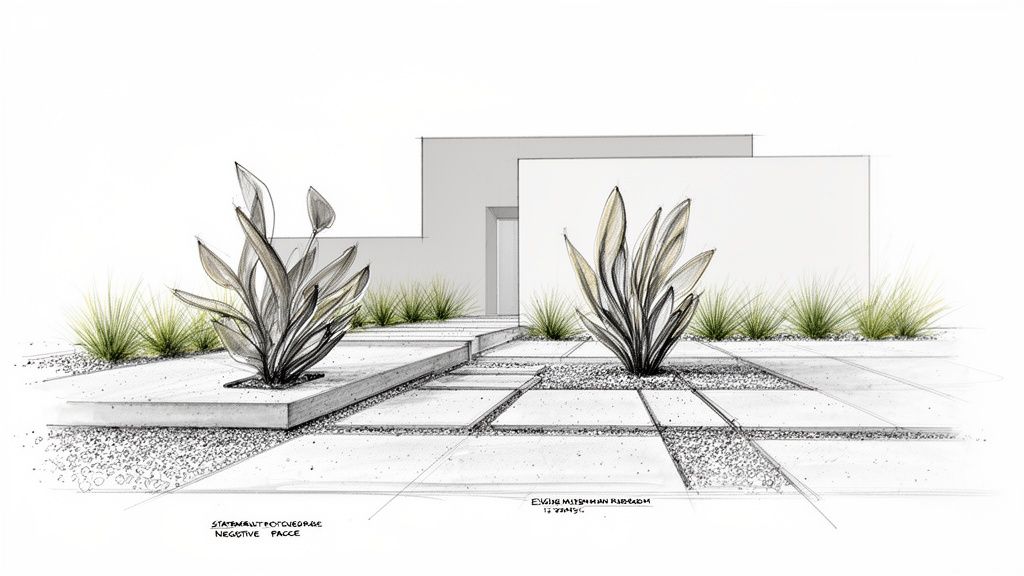 Architectural sketch of a modern minimalist front yard landscape featuring concrete pavers, gravel, and striking plants.