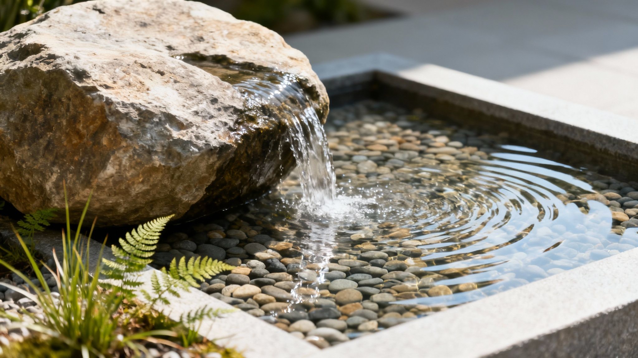Serene garden water feature with water gently flowing from a large rock into a stone basin filled with pebbles.