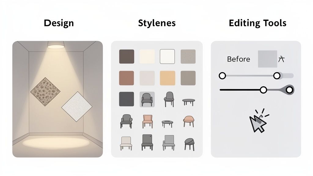 Three panels illustrating an AI interior design app with design options, stylenes, and editing tools.