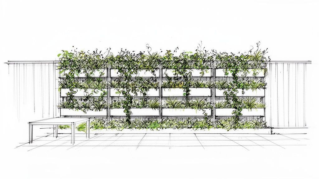 A detailed sketch of a modern vertical garden, a green wall with planters and a table on a patio.