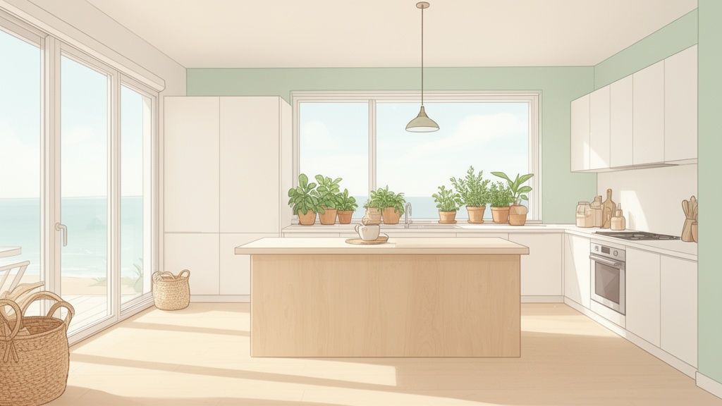 A bright, minimalist coastal kitchen with an island, ocean view, and numerous potted plants.
