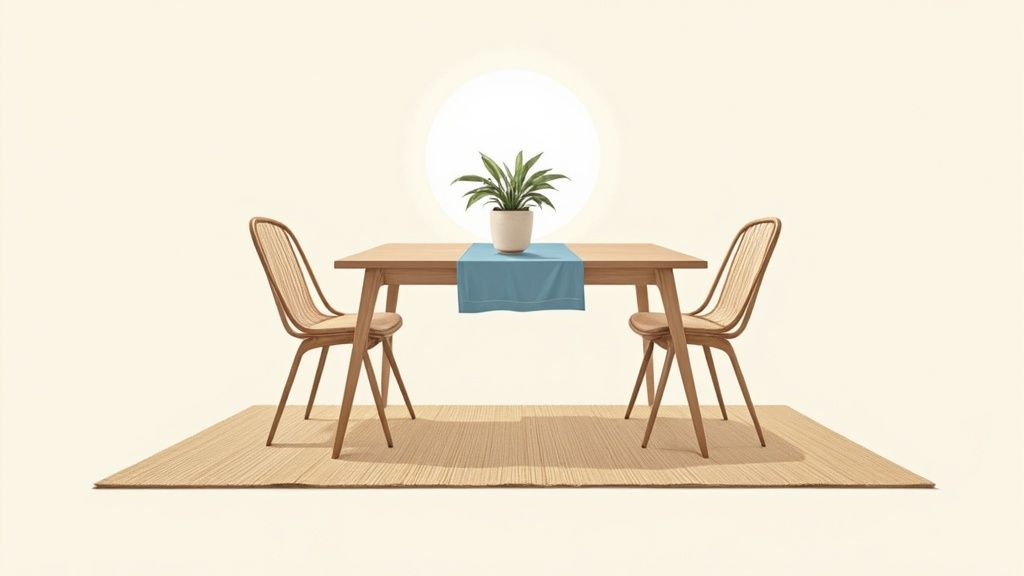 A minimalist dining set featuring a wooden table, two chairs, a blue runner, and a potted plant on a light rug.
