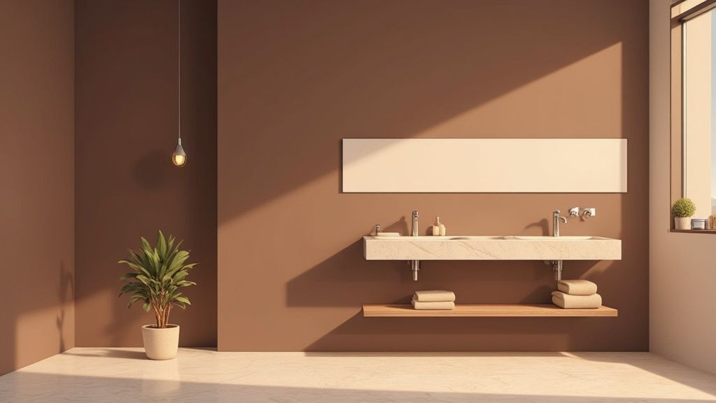 A contemporary bathroom featuring warm brown walls, a double vanity, a rectangular mirror, and a potted plant.