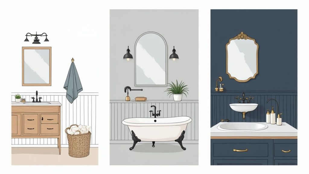 Three stylish bathrooms with different decor, mirrors, and beadboard paneling designs.