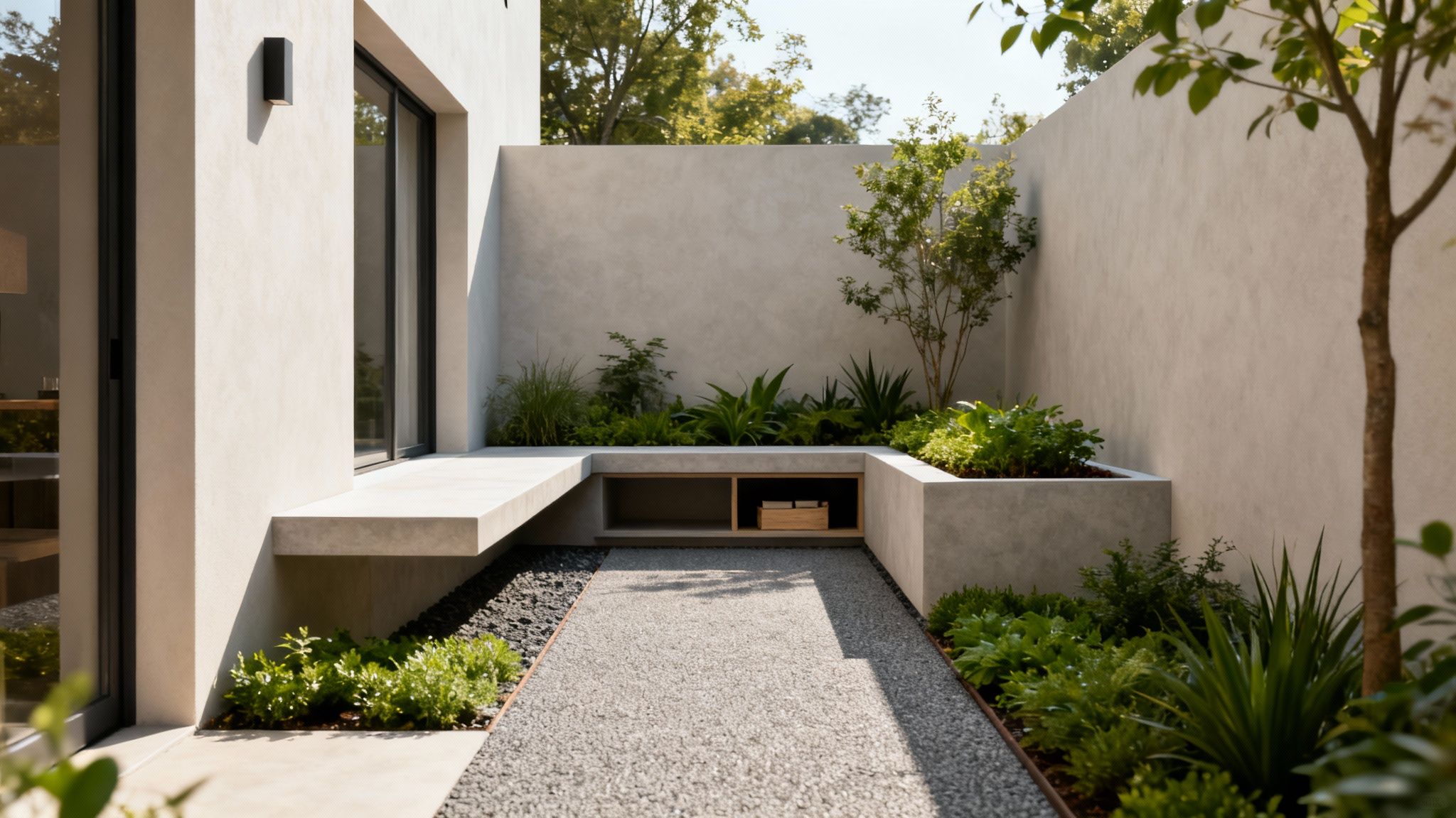 Contemporary small courtyard design featuring a concrete bench, lush greenery, and a textured gravel pathway.