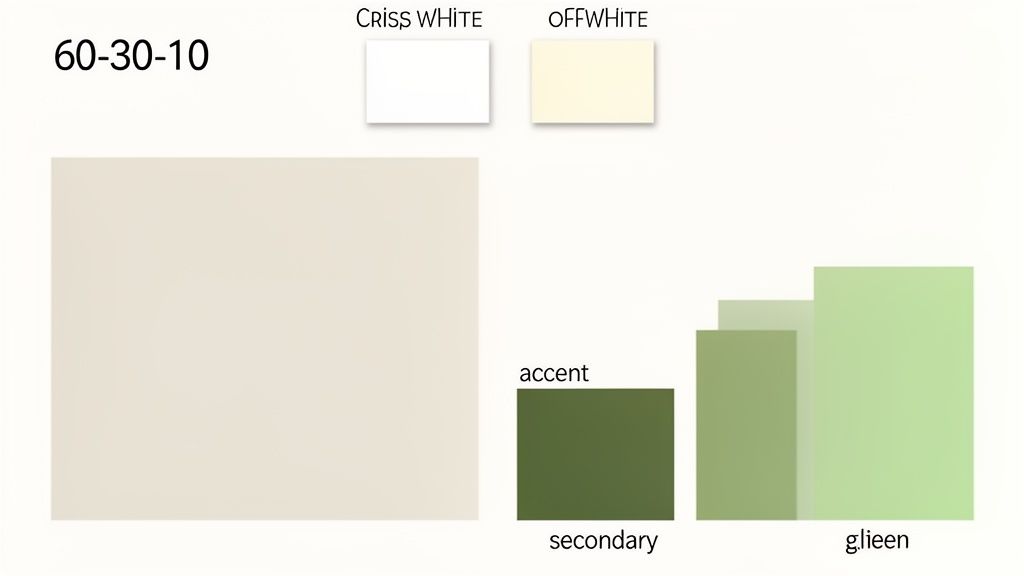 A color palette with white, off-white, beige, and varying green shades for house paint.