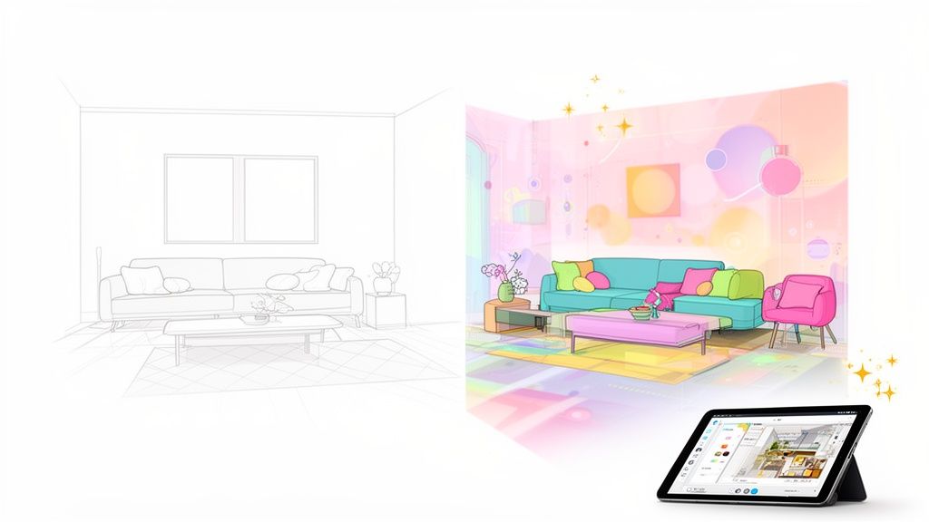 Sketch of a living room transforming into a vibrant virtual design, shown with a tablet.
