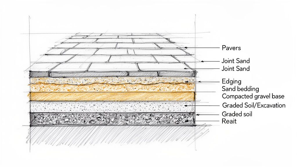 Detailed diagram illustrating the cross-section layers for paver installation, from pavers to graded soil.