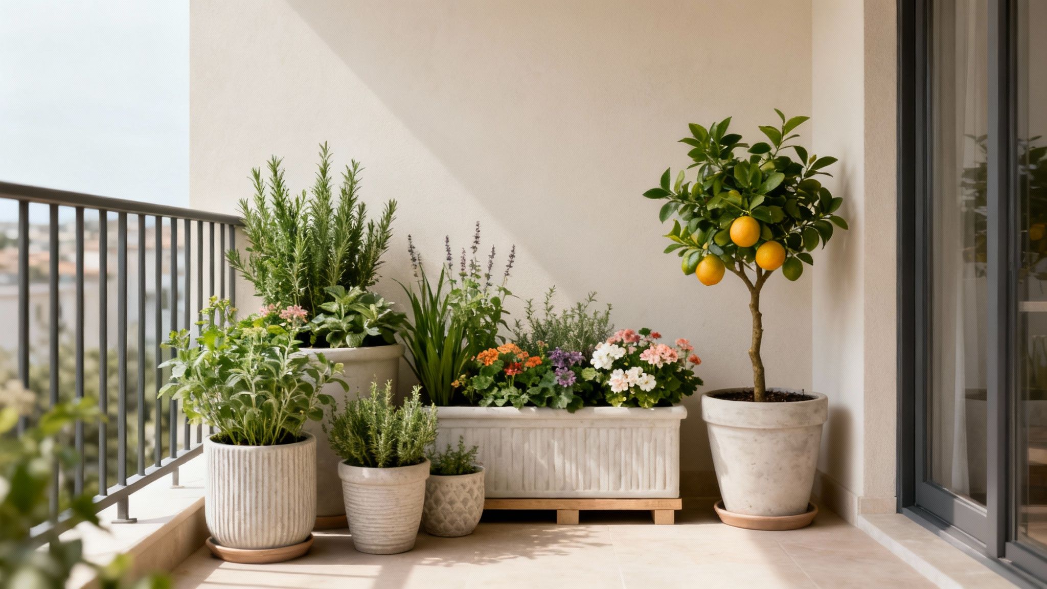 A beautiful, sunlit balcony garden with various potted plants, herbs, and a lemon tree.