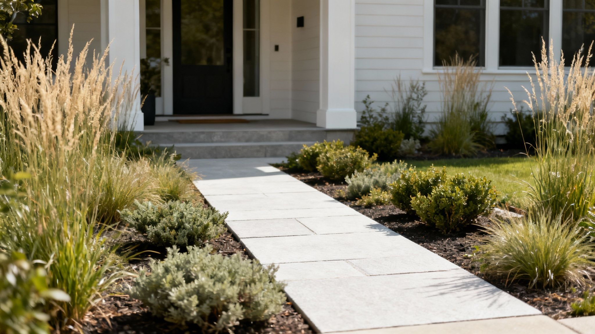 A contemporary home entrance features a light-colored stone pathway surrounded by lush plants and ornamental grasses.